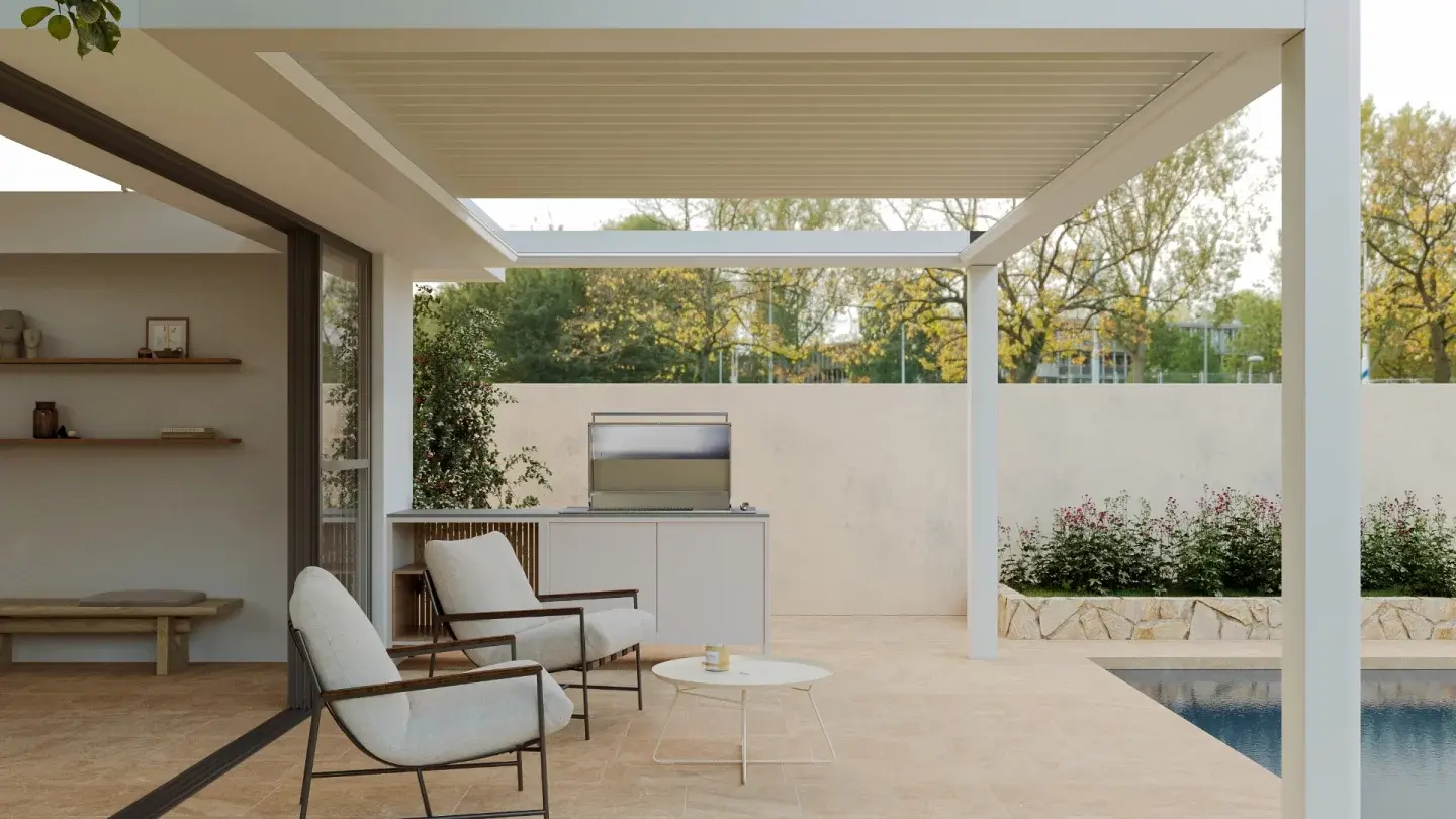 Garden, terrace, hotel, restaurant, and cafe Bioclimatic Pergola system can be applied to these places and create pleasant areas by covering the systems with Albert Genau movable glass systems.